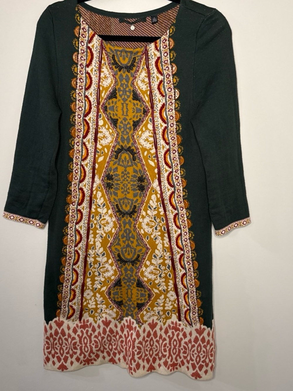Anthropologie Dark Green Tunic Dress with Mustard and Rust Panel